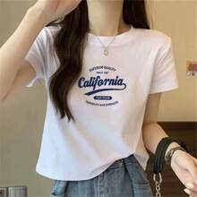 Camiseta de manga corta de algodón puro para mujer, nuevo estilo de verano, top corto blanco de cuello redondo y corte ajustado, versátil para figuras pequeñas, totalmente de algodón. OLST - Corto de talle alto - corazón rosa - Ver 10