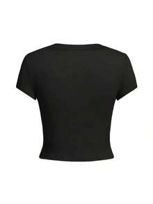 Playera corta ajustada para mujer cuello redondo manga corta, estilo chica atractiva con estampado de letras nuevo de verano.Corte delgado y juvenil, súper trendy y cómoda para el día a día, salidas casuales y lucir un look llamativo y moderno. HDF0 - Negro - Ver 6