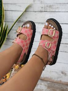 Wide Fit Solid Color Adjustable Metal Buckle Fashion Slides, Double Strap Design Open Toe Breathable Versatile Comfortable Lightweight Flat Sandals, Suitable For Daily Wear - Pink - View 3