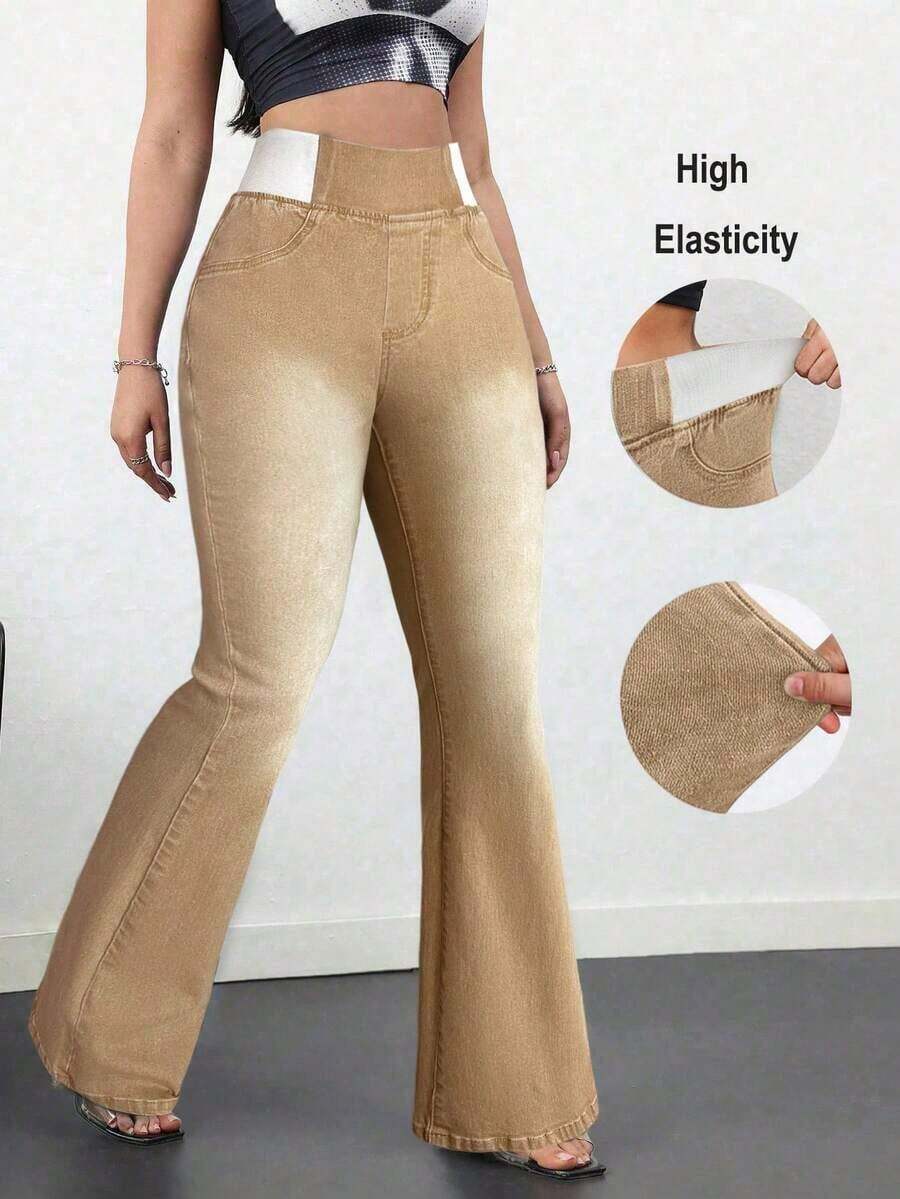 Tall Pantalones vaqueros de mujer casuales, ajustados y elásticos con vuelo, pantalones vaqueros azules ajustados de cintura alta con vuelo para mujeres altas, pantalones vaqueros de verano - Caqui - Ver 1