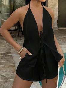 Conjunto de 2 piezas de top con escote en V y espalda descubierta con lazo, y shorts elásticos para mujer, adecuado para el hogar, la playa, citas, festivales de música, San Valentín y otras ocasiones, elegante en negro para el verano - Negro - Ver 7