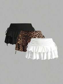 Set de 3 faldas casuales minimalistas con pliegues en la cintura en color negro, blanco y rojo vino, adecuadas para conciertos, cruceros y clubes - Multicolor 6 - Ver 2