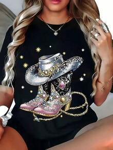 Camiseta casual de talla grande para mujer con diseño de estampado gráfico de vaquero, botas de vaquero con rhinestone y sombrero, patrón geométrico negro, tela suave lavable a máquina, moda primavera-verano, tallas L-3XL 4XL 5XL para mujeres - Negro - Ver 6