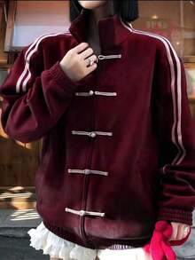 SAOYANGYU Chaqueta casual con diseño de botones y cremallera delantera, con rayas laterales, para otoño/invierno y primavera - Burdeos - Ver 2
