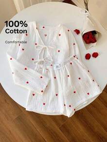 Conjunto de top de manga larga y pantalones cortos con estampado de corazones rojos y blancos, conjunto de Navidad para mujer - Blanco - Ver 9