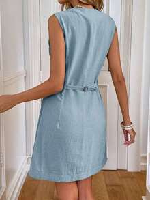 Vestido casual de botones con bolsillo, vestidos de verano para mujer, atuendos de vacaciones para mujer, atuendos de negocios casuales para mujer, vestidos elegantes para mujer, ropa de verano para mujer, ropa de trabajo para mujer, atuendos de of - Celeste - Ver 3