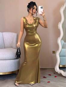 Vestido largo con espalda descubierta y decoración de lazo en color liso para mujer - Dorado - Ver 1