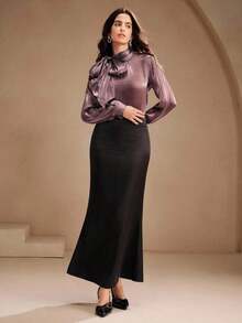 Blusa elegante y chic de cuello alto, manga larga y puños con lazo para uso diario - Morado - Ver 6
