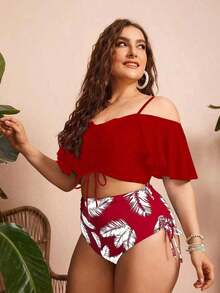 Swim Chiccia Conjunto de 2 piezas de bikini de talla grande para mujer de unicolor con tirantes de espagueti, hombros descubiertos, volantes y cordón - Elegante y estiloso para vacaciones informales - Rojo y blanco - Ver 4
