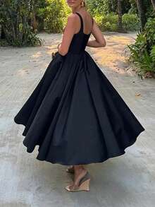 Women's Elegant European-Style Pleated Spring Party Dress With Defined Waist - Black - View 7