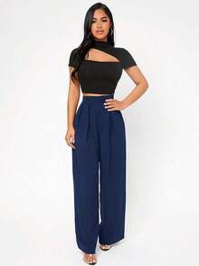 PETITE Pantalones De Vestir De Pierna Ancha Con Pliegues En La Cintura Alta - Azul marino - Ver 4