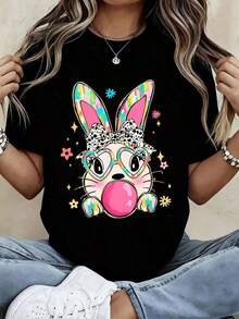 Women's T-Shirt With Bunny Print, Heart Glasses And Bow, Casual Summer Top, Fashion Graphic Tee For Girls - 黑色 - 查看 1