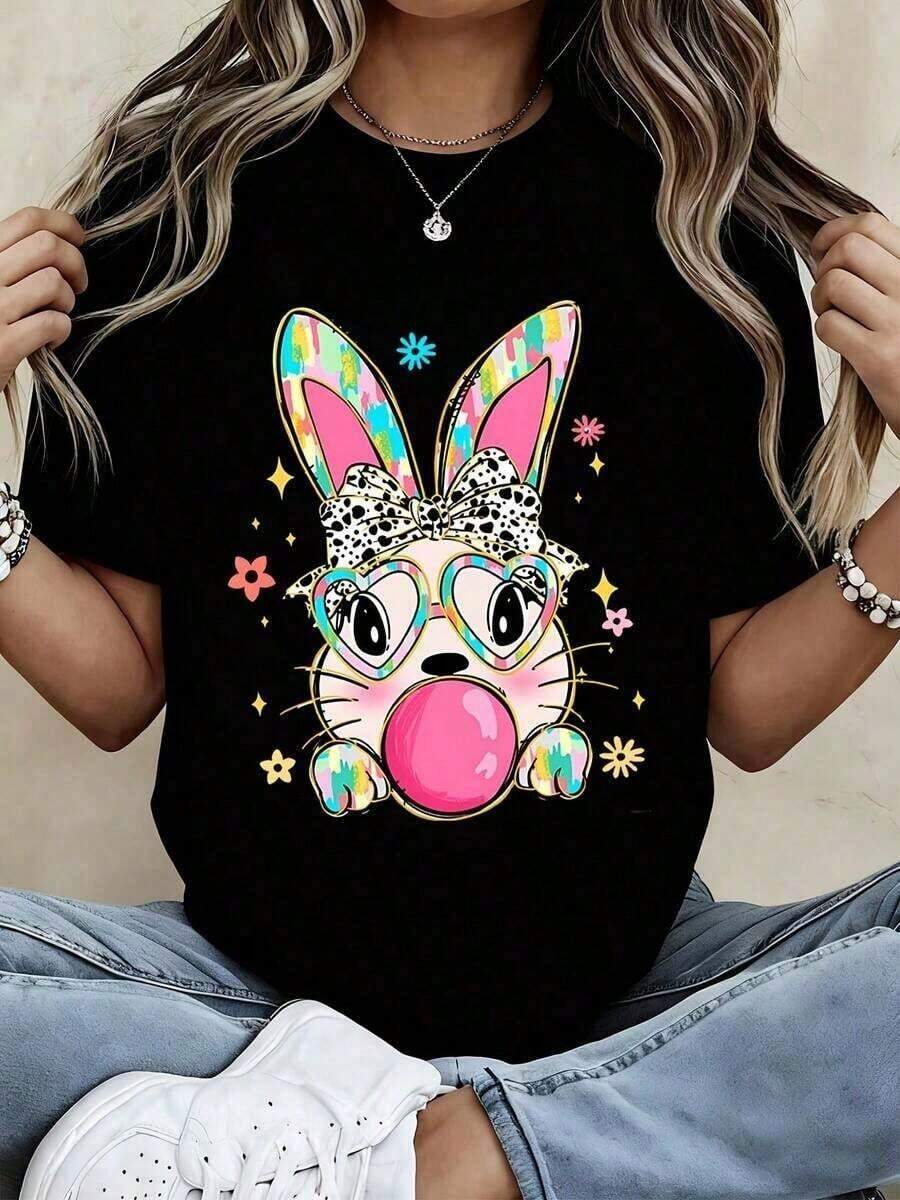 Women's T-Shirt With Bunny Print, Heart Glasses And Bow, Casual Summer Top, Fashion Graphic Tee For Girls - 黑色 - 查看 1