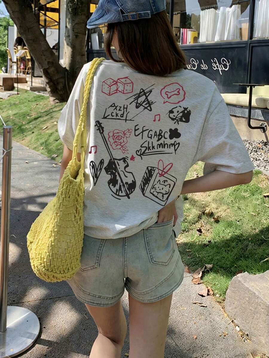 女士宽松圆领短袖鸟类字母卡通印花T恤,春夏休闲款 - 淺花灰 - 查看 1