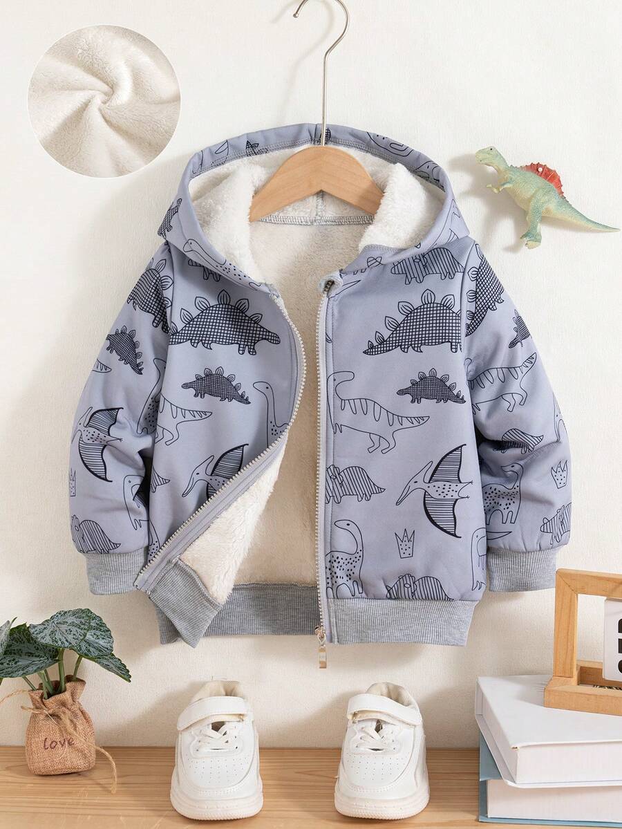 Chaqueta con capucha de forro polar con cremallera y estampado de dinosaurios para niños, adecuada para uso al aire libre, otoño/invierno - Gris - Ver 1
