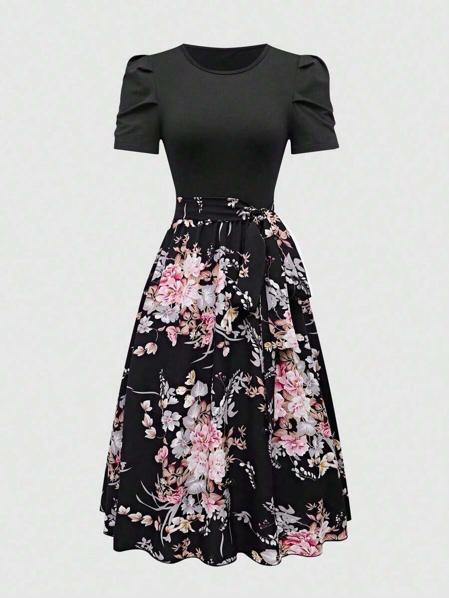 Vestido de verano de longitud media con estampado floral elegante y patchwork para mujer - Rojo y negro 2 - Ver 1