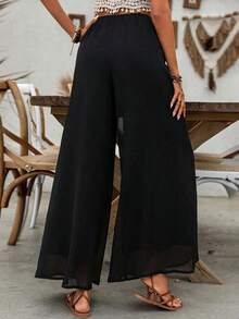 Pantalones informales de pierna ancha y larga de unicolor para mujer - Blanco - Ver 7