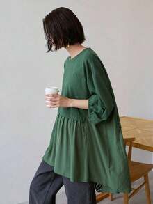 Camiseta de mujer holgada de cuello redondo informal con hombros caídos, camiseta oversize con volantes de verano - Verde - Ver 7