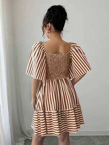 Último vestido midi de talle ceñido, elegante y casual, de manga corta, de rayas azules y blancas, para mujeres, para primavera y verano - Multicolor 2 - Ver 2