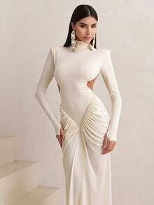 Vestido largo liso cuello alto verano 2025, ajustado elegante con espalda descubierta estilo moda - Albaricoque - Ver 2