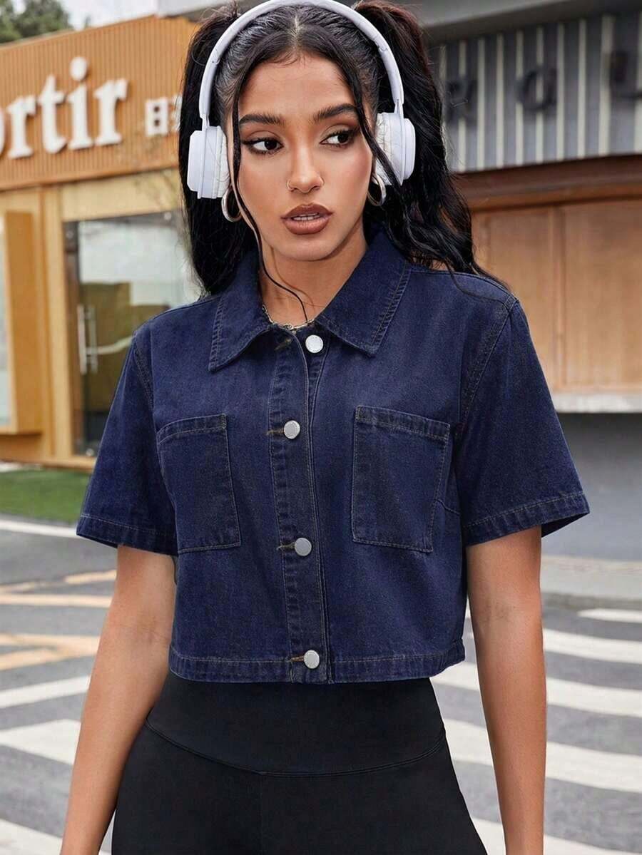 Blusa corta de mezclilla de manga corta y estilo informal para mujer, adecuada para chaqueta de mezclilla de verano - Azul lavado oscuro 2 - Ver 1