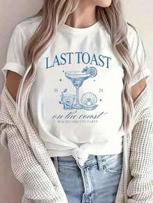 100% algodón.Camiseta informal con cuello redondo y estampado "Last Toast On The Coast" para damas de honor, novias, playa y despedida de soltera.Ropa de mujer. - Blanco - Ver 6
