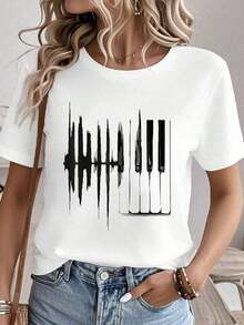 Camiseta 100% algodón con estampado de teclado, latidos del corazón, piano y órgano, artículo novedoso, camisetas gráficas para mujer, tops de verano, camiseta de cuello redondo, ropa de mujer 100% algodón, conjuntos de ropa para mujer, ropa de otoño para mujer, tops para mujer, camiseta blanca. - Blanco - Ver 1