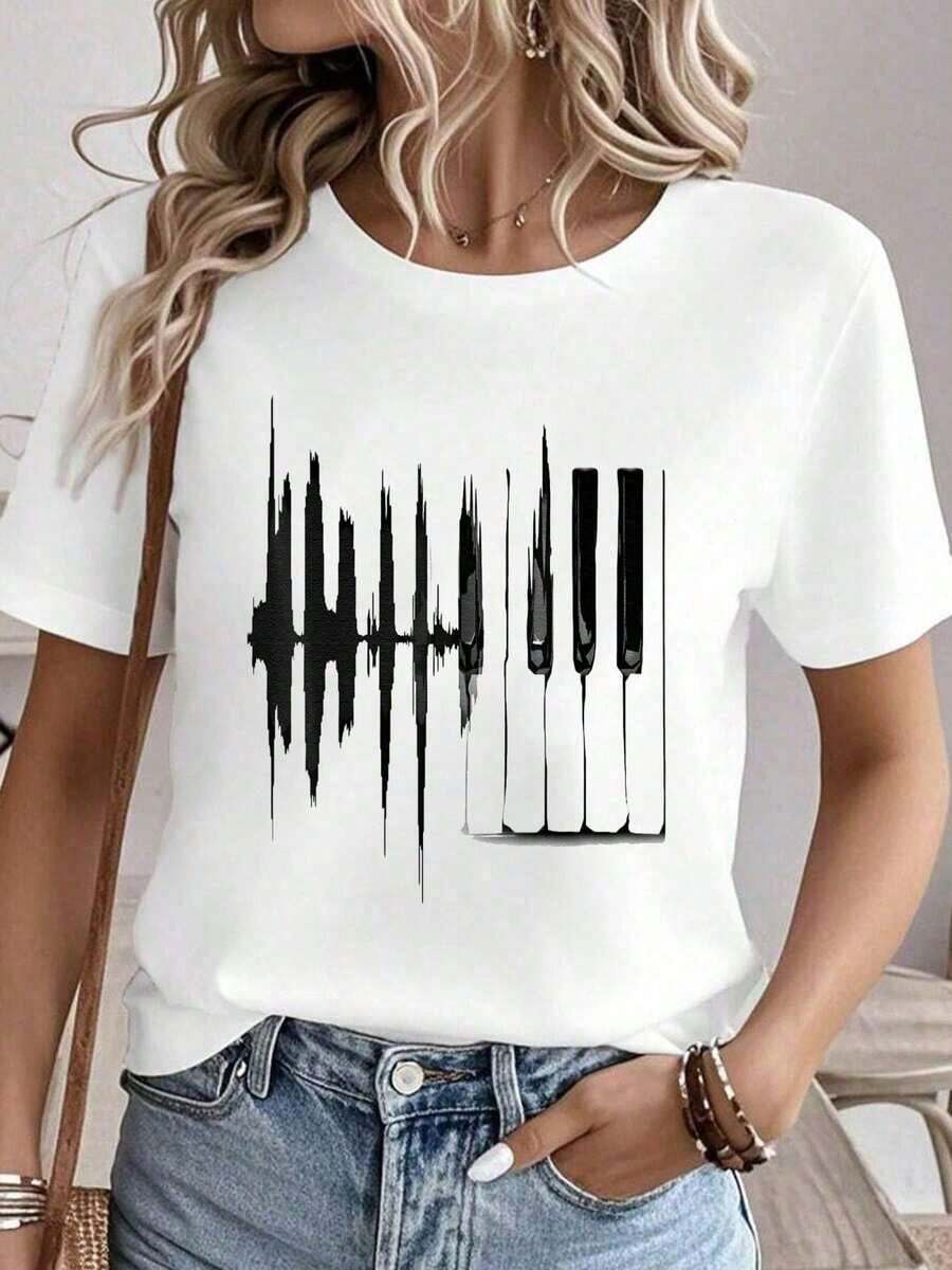 Camiseta 100% algodón con estampado de teclado, latidos del corazón, piano y órgano, artículo novedoso, camisetas gráficas para mujer, tops de verano, camiseta de cuello redondo, ropa de mujer 100% algodón, conjuntos de ropa para mujer, ropa de otoño para mujer, tops para mujer, camiseta blanca. - Blanco - Ver 1