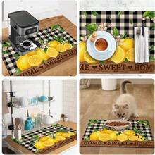 1 pieza Estera de secado de platos, Estera para máquina de café, Fondo a cuadros negro y blanco con patrón floral de limón amarillo, Estera absorbente de drenaje, Adecuada para mesa de comedor y cafetería, Estera de drenaje multiusos, Regalo para el hogar, Decoración de mesa - XYLSD-355 - Ver 11