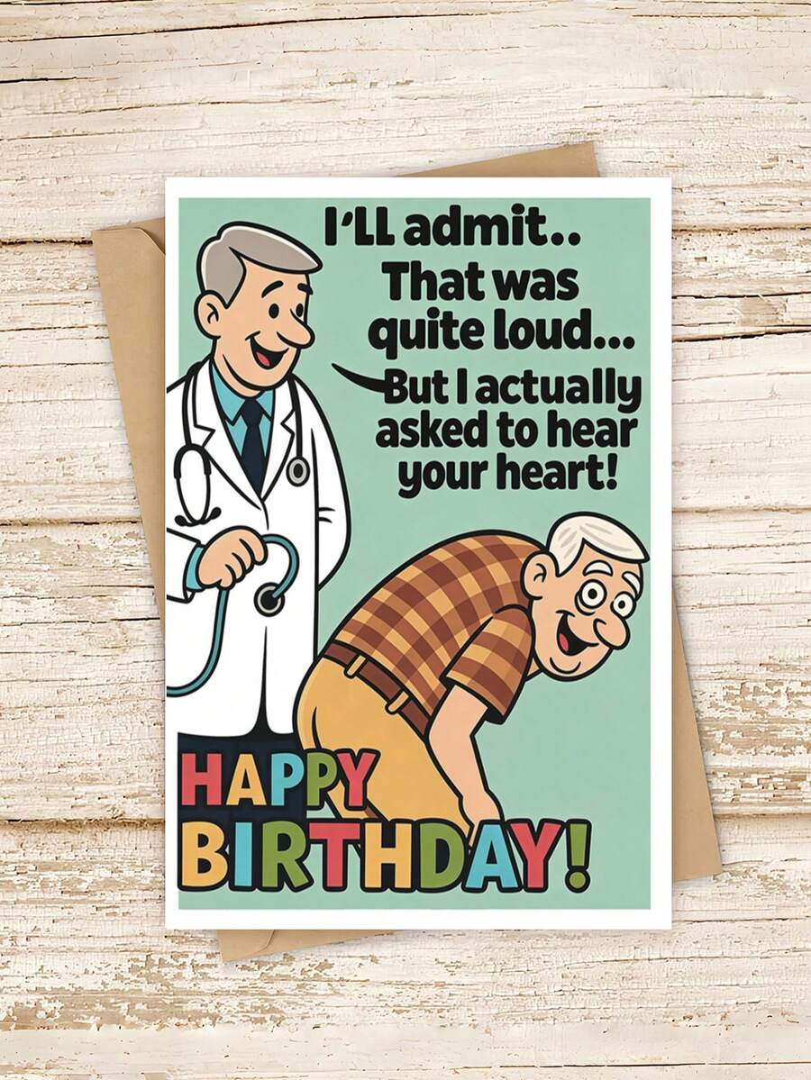 1张“我想听听你的心跳”趣味医生笑话生日贺卡,附信封,幽默的医学双关语,适合送给男士、爸爸、朋友、同事,适用于生日和各种庆祝活动,内页空白 - 查看 1