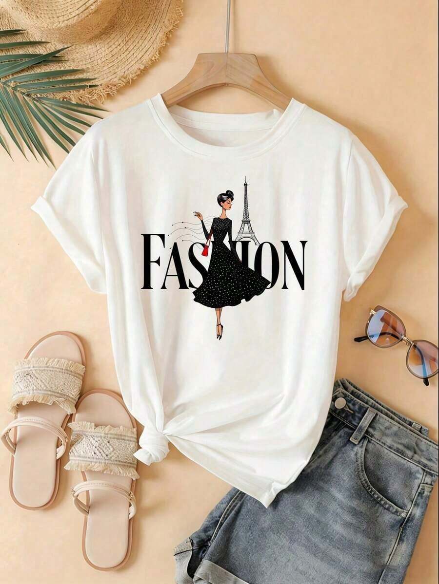 Women's Short-Sleeved T-Shirt, 100% Cotton, With Fun Print, Round Neck, Fashionable T-Shirt With The Eiffel Tower, Casual Short-Sleeved T-Shirt For Women, Black Graphic T-Shirt, Suitable For Sporting Events, Parties, Outings, Sports And Other Holiday Gifts. - 白色 - 查看 1