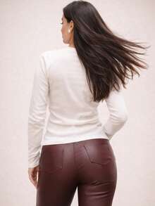 Fleece-Lined Long-Sleeved Ribbed V-Neck Blouse - Elegant, Chic, Warm, Comfortable - Autumn And Winter Fashion - Valentine's Day - 米白色 - 查看 3