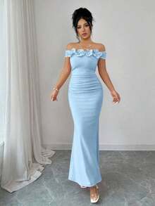 Elegante, encantador y sexy vestido de punto ajustado con hombros descubiertos, fruncido y con estampado floral para fiestas, vacaciones, primavera/verano - Azul - Ver 4