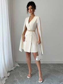 Vestido blazer con cinturón y cuello en V de unicolor para mujer - Albaricoque - Ver 3