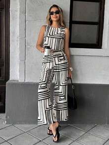 Conjunto de top y pantalones con estampado de flores y rayas, estilo casual de playa de verano para mujer - Blanco y Negro - Ver 1