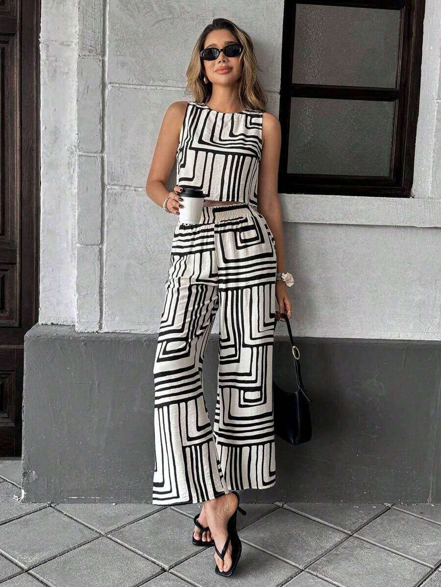 Conjunto de top y pantalones con estampado de flores y rayas, estilo casual de playa de verano para mujer - Blanco y Negro - Ver 1