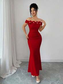 Elegante, encantador y sexy vestido de punto ajustado con hombros descubiertos, fruncido y con estampado floral para fiestas, vacaciones, primavera/verano - Rojo - Ver 5