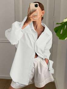 Blusa suelta de manga larga con cuello vuelto, abertura en la espalda y lazo, unicolor, ropa de otoño para mujer - Blanco - Ver 4