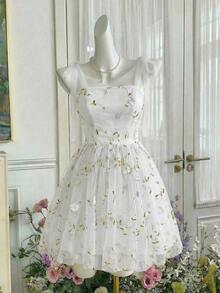 MOD Vestido estilo retro con estampado floral rosa y cinturón con lazo - Blanco - Ver 3