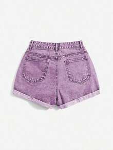 Pantalones cortos de mezclilla casuales y versátiles con bolsillos y efecto desgastado de unicolor - Púrpura malva - Ver 2
