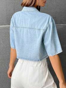Camisa vaquera corta lavada informal para mujer - Lavado ligero - Ver 2