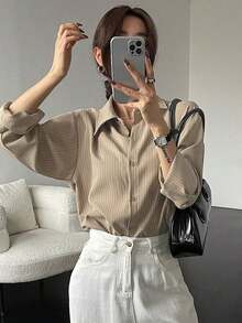 Camisa casual/escolar holgada a rayas para mujer, top de manga larga de estilo preppy para mujer, ropa de otoño - Caqui - Ver 2