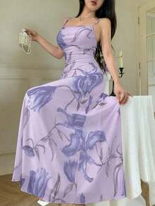Vestido de verano casual de tirantes con cuello drapeado, cintura fruncida y estampado de malla para mujer - Púrpura malva - Ver 7