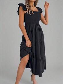 Nuevo vestido midi de unicolor con cuello cuadrado, casual, con espalda descubierta, volantes y sin mangas, color caqui, elegante para primavera/verano - Negro - Ver 4