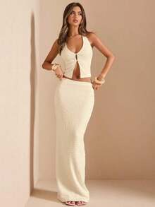 Conjunto de 2 piezas - Camiseta de tirantes con cuello en V profundo y textura + Falda larga de cintura baja, outfit de resort blanco para mujer - Albaricoque - Ver 1