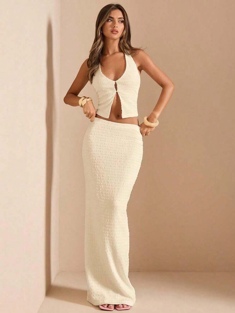 Conjunto de 2 piezas - Camiseta de tirantes con cuello en V profundo y textura + Falda larga de cintura baja, outfit de resort blanco para mujer - Albaricoque - Ver 1