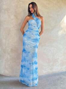 Vestido de mujer elegante y sexy con estampado floral de malla - Celeste - Ver 6