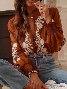 Camisa casual de vacaciones con bordado floral estampado y aplicación bordada acanalada blanca de primavera - Óxido marrón - Ver 6