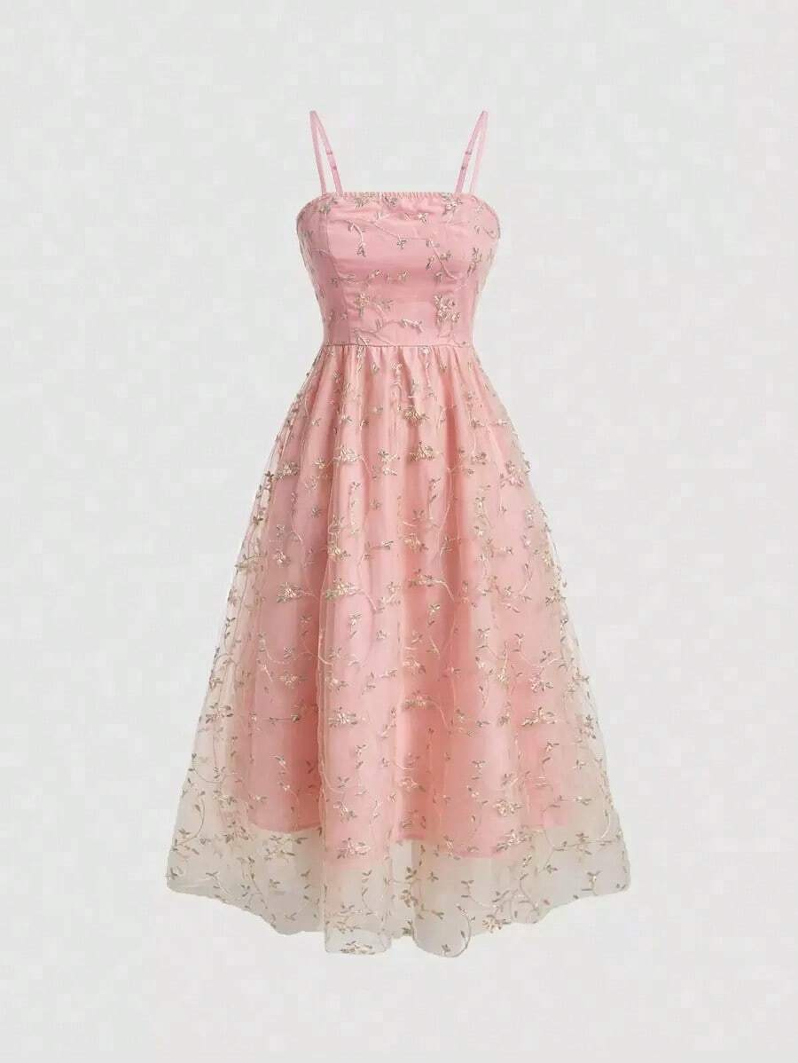 MOD Vestido de tirantes de malla con bordado floral para mujer - Rosa 2 - Ver 1