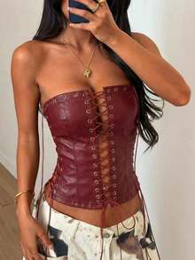 Top corto con tirantes finos y dobladillo con volantes, adecuado para vacaciones en la playa de manera casual - Burdeos - Ver 2